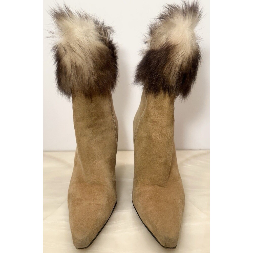 Stuart Weitzman Suede Ankle Boots Faux Fur Cuff Pointed Toe Heels
